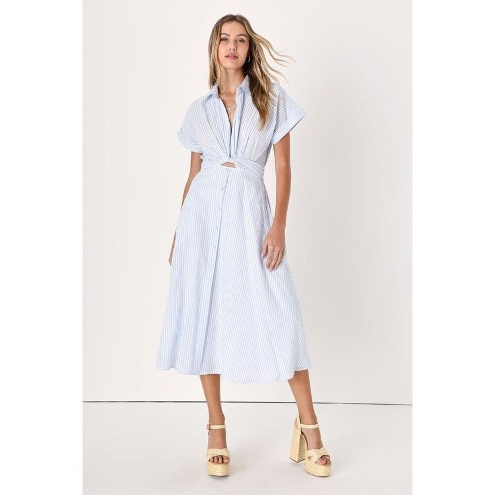 Lulus Adorable Impression White And Blue Midi Dress With Pockets - Size S